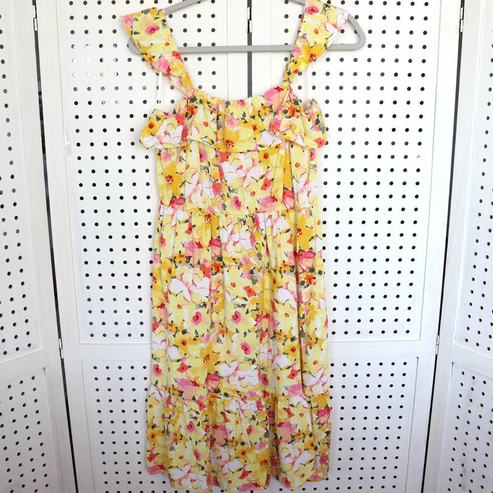 LC Lauren Conrad Yellow Floral Sun Dress Linen Blend Womens SIZE S